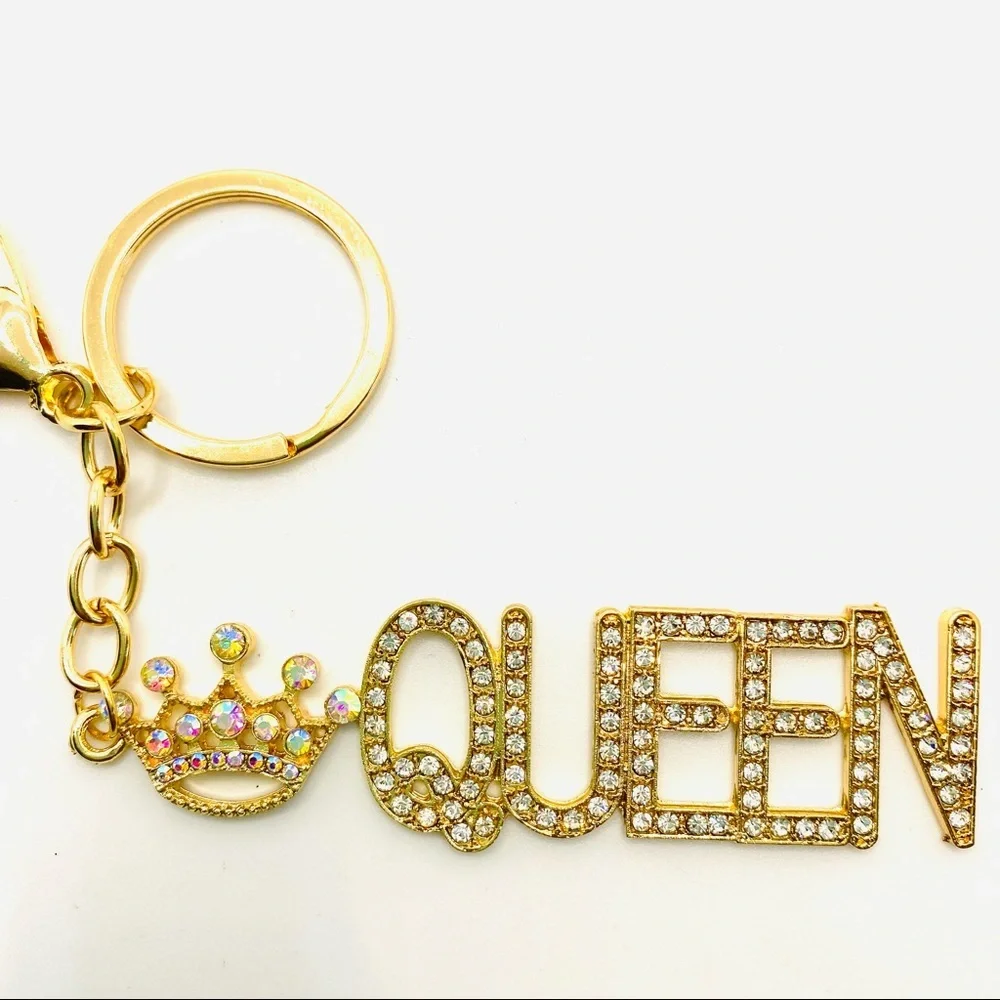 Purse Charm Key Chain Queen Iridescent Crystals set in golden tone. BRAND NEW